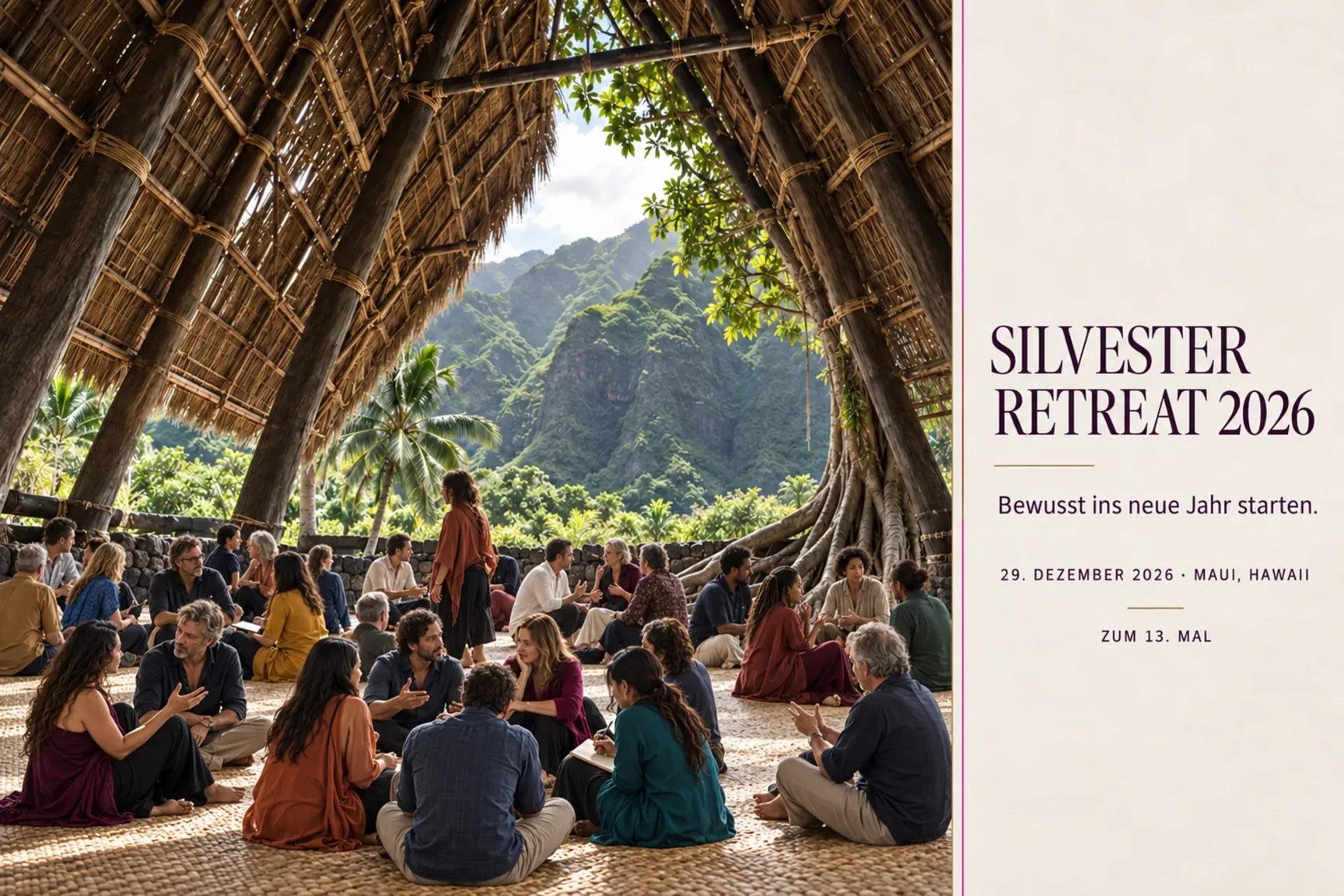 Teilnehmende im konzentrierten Gespräch in einer großen traditionellen hawaiianischen Hale beim Silvester Retreat 2026 auf Maui