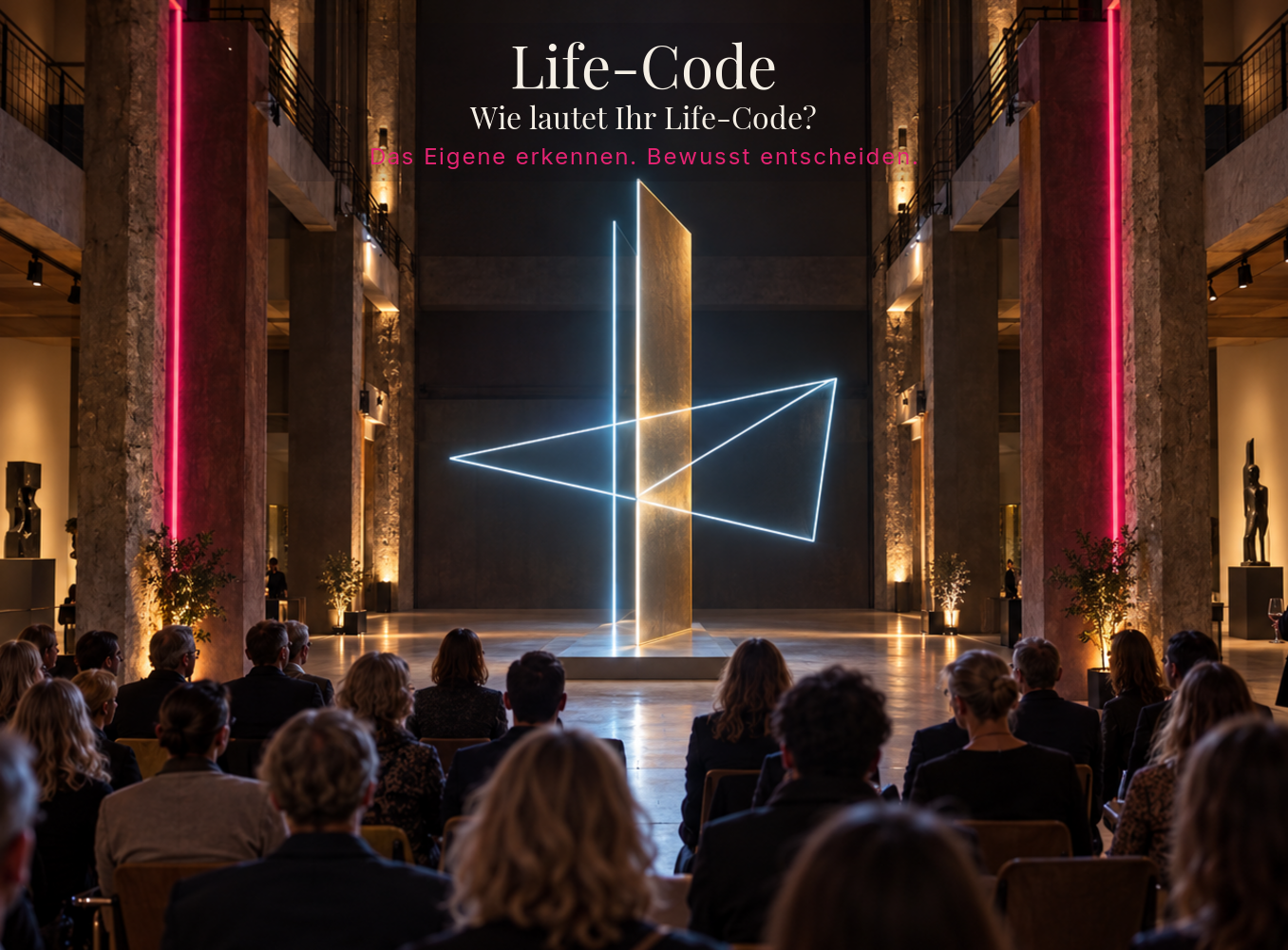 Life Code Seminar 2026: audience in a columned hall looking at a glowing light sculpture of lines and a golden stele
