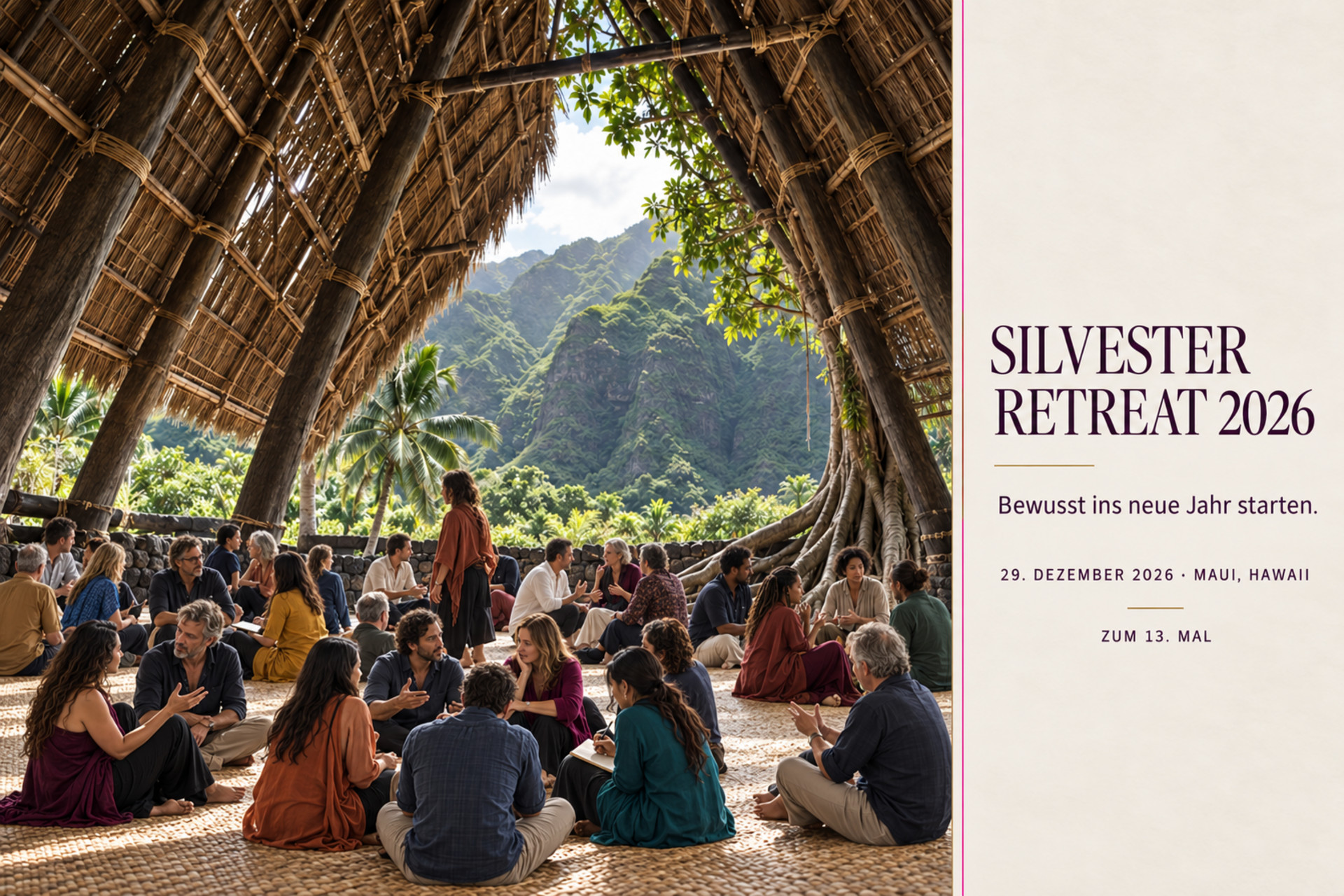 Participants in focused conversation inside a large traditional Hawaiian hale at the New Year's Eve Retreat 2026 on Maui