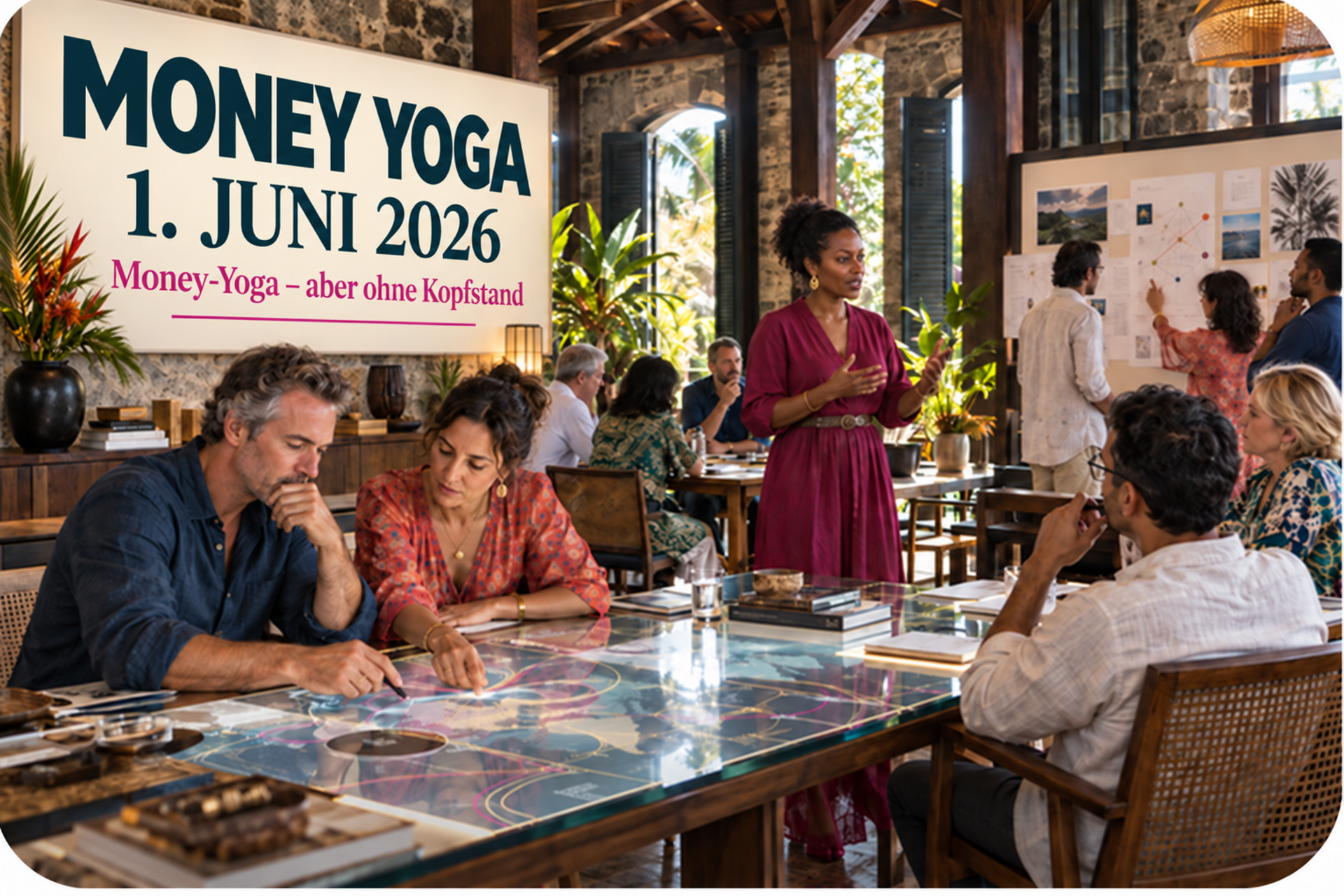 Aktive Seminargruppe beim Money Yoga in einer mauritischen Lernumgebung mit dem Seminartitel „Money-Yoga – aber ohne Kopfstand“ und dem Termin 1. Juni 2026.