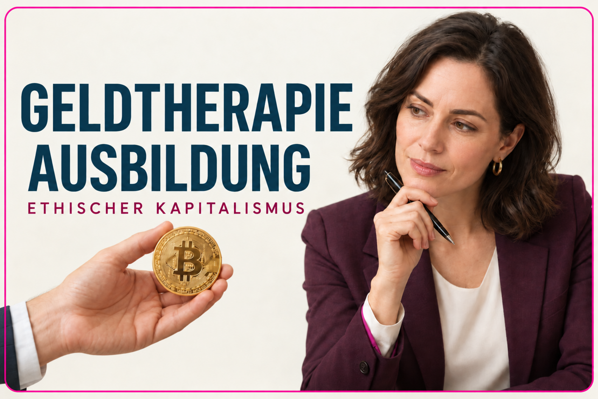 A professional money therapist examines a presented Bitcoin as a symbol of ethical capitalism and financial psychology.